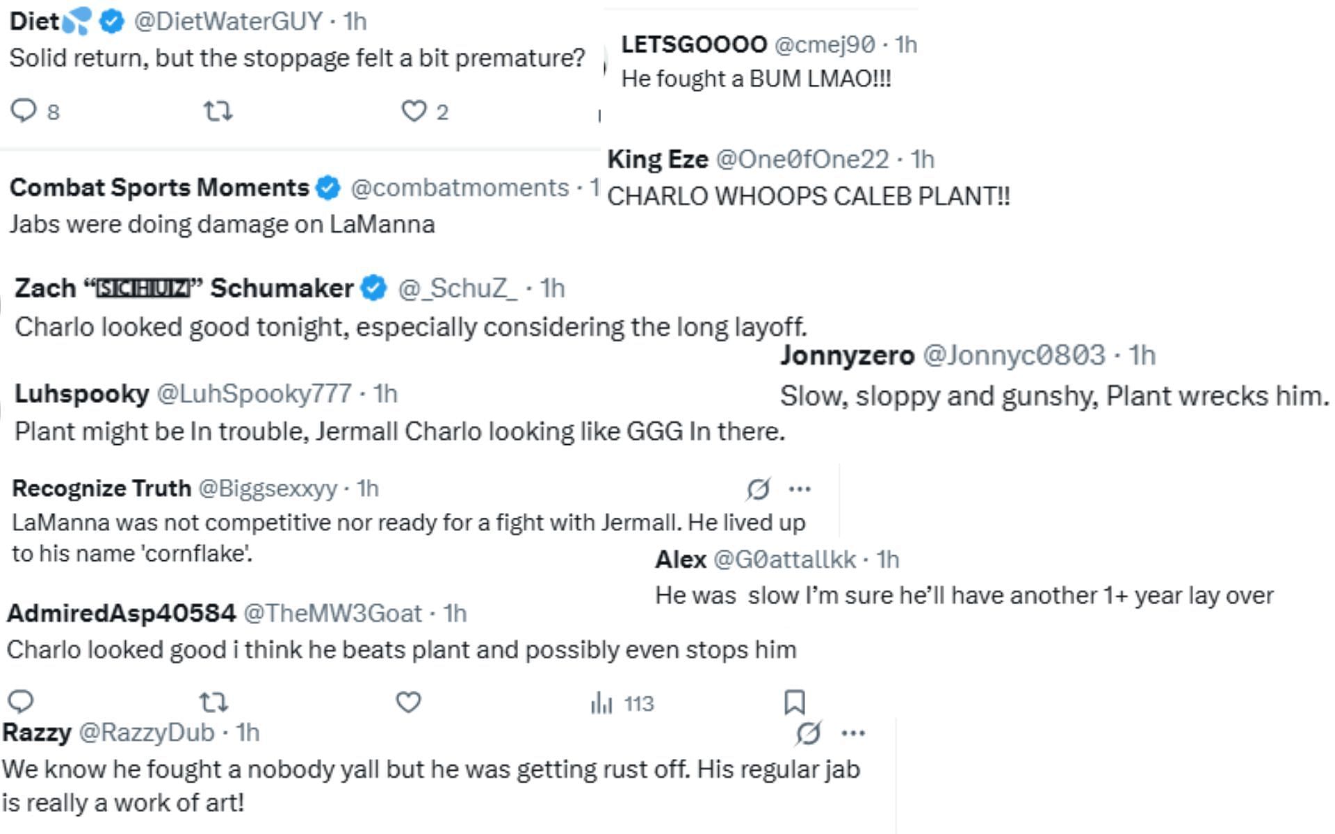 Screenshot of fan reactions to Jermall Charlo's stoppage win
